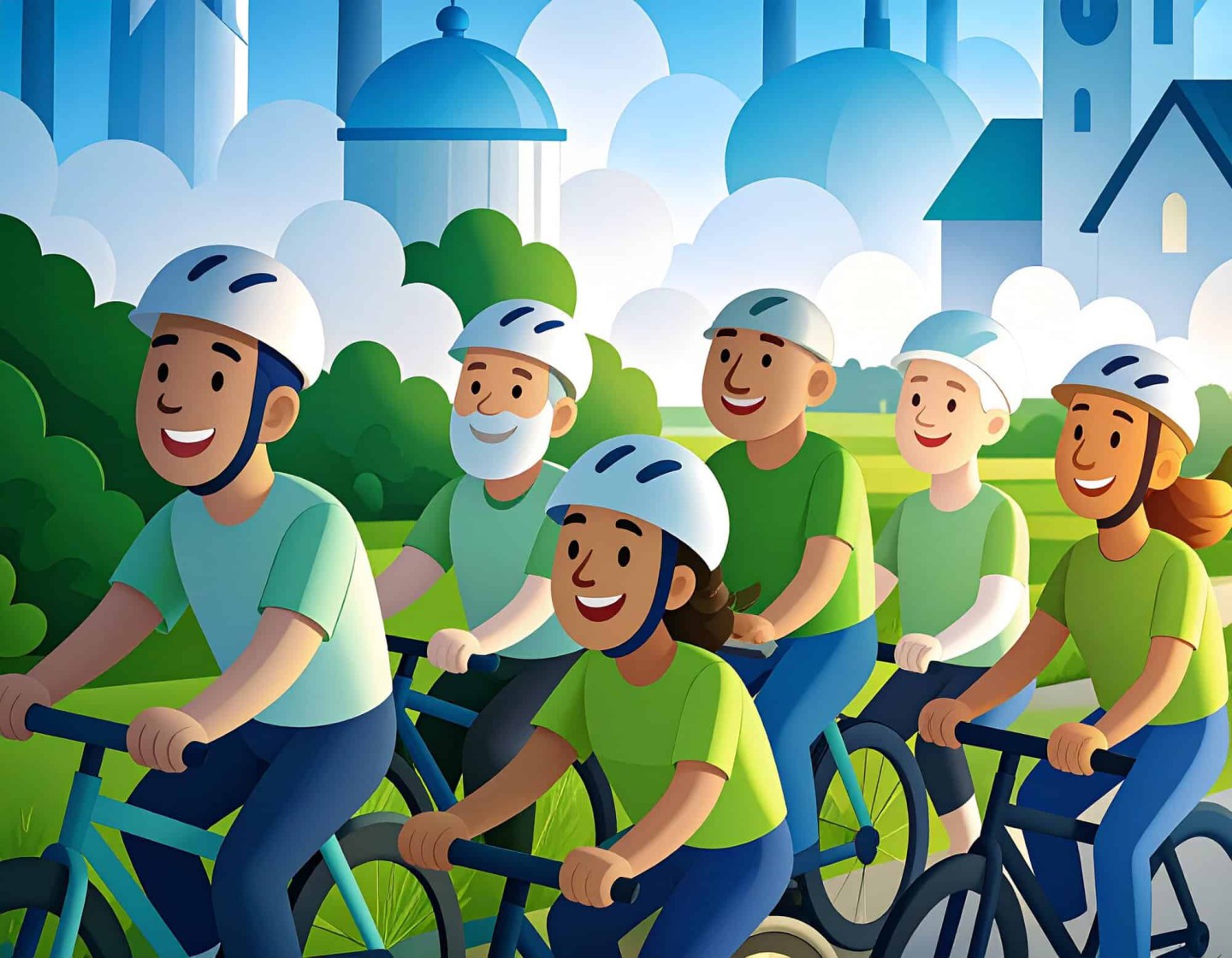 Firefly_eine comichafte Zeichnung zum Thema Fahrradtour an einem grünen Industrieareal (Männe 984853