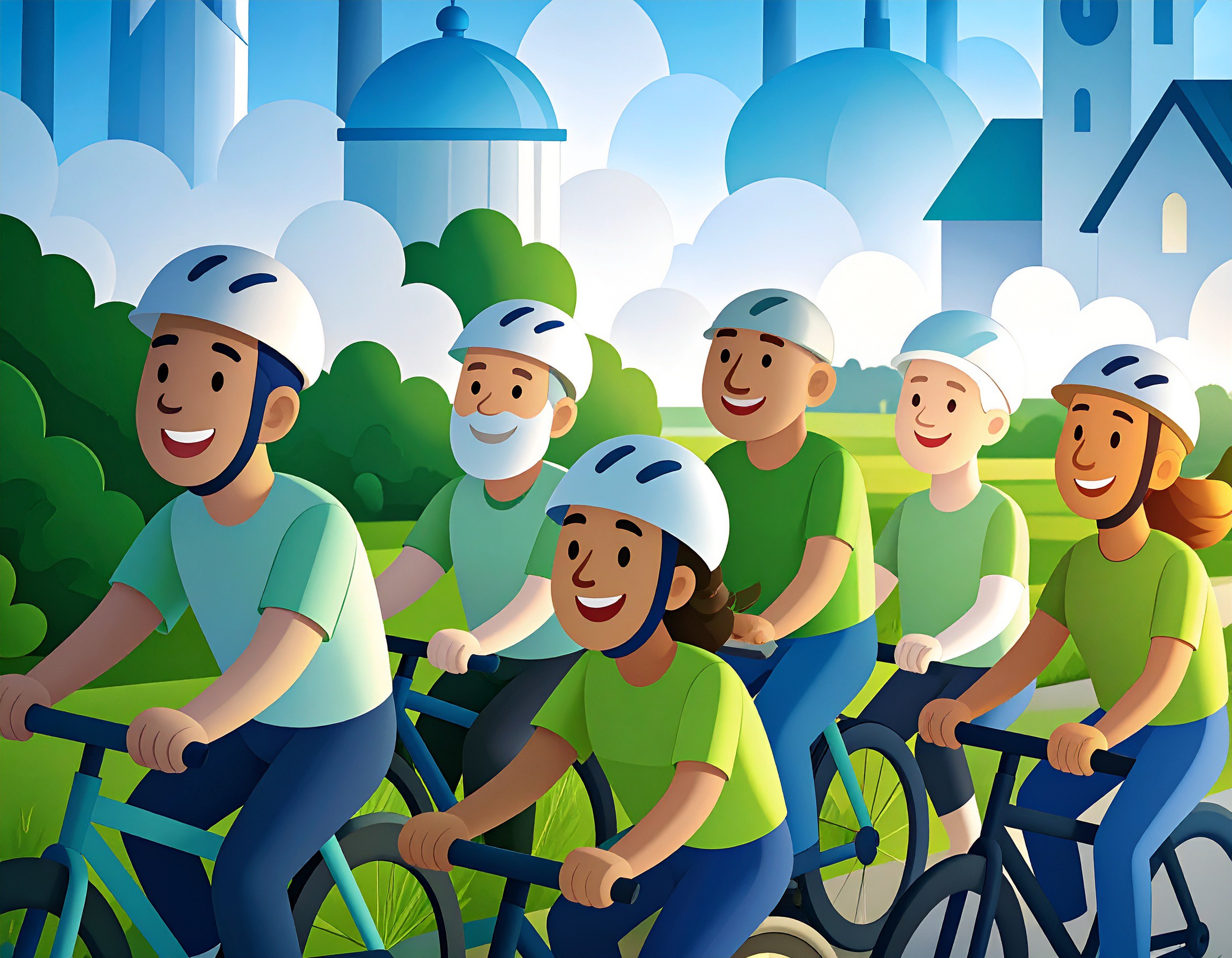 Firefly_eine comichafte Zeichnung zum Thema Fahrradtour an einem grünen Industrieareal (Männe 984853
